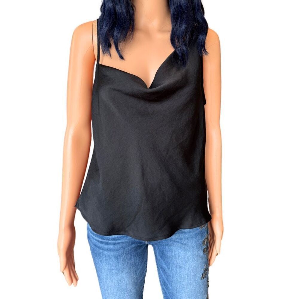 NWT Open Edit Nordstrom Black Asymmetrical Satin Top Size Small